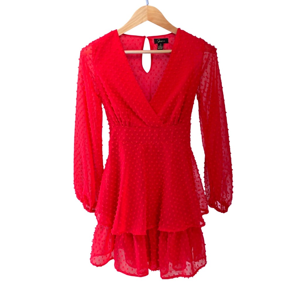Jopna Red Swiss Dot V Neck Long Sleeve Tiered Mini Dress Women Size S Romantic